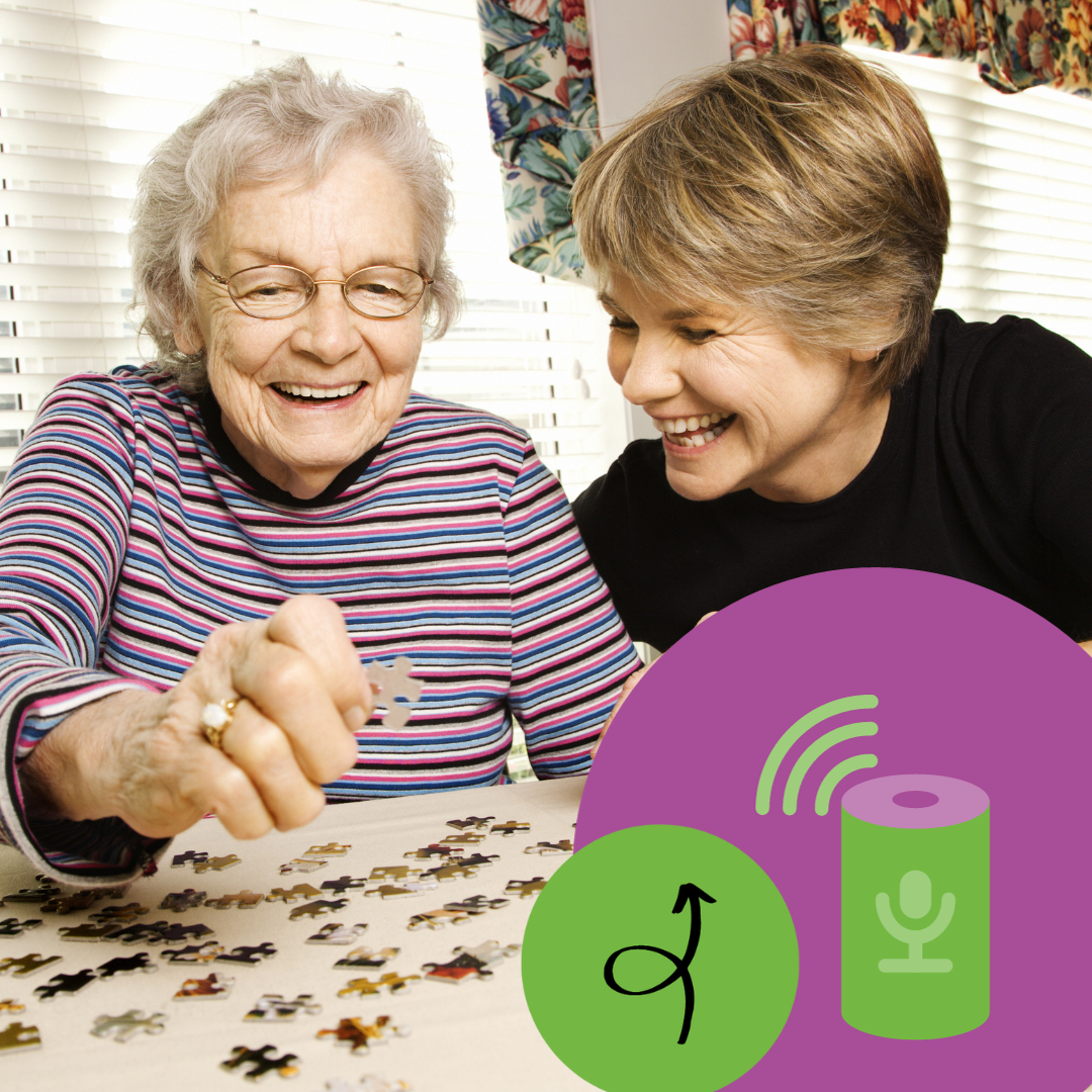 Elderly woman completing puzzle with younger woman. IMPACT Faciltiator Logo and voice assistant logo overlayed on the image.
