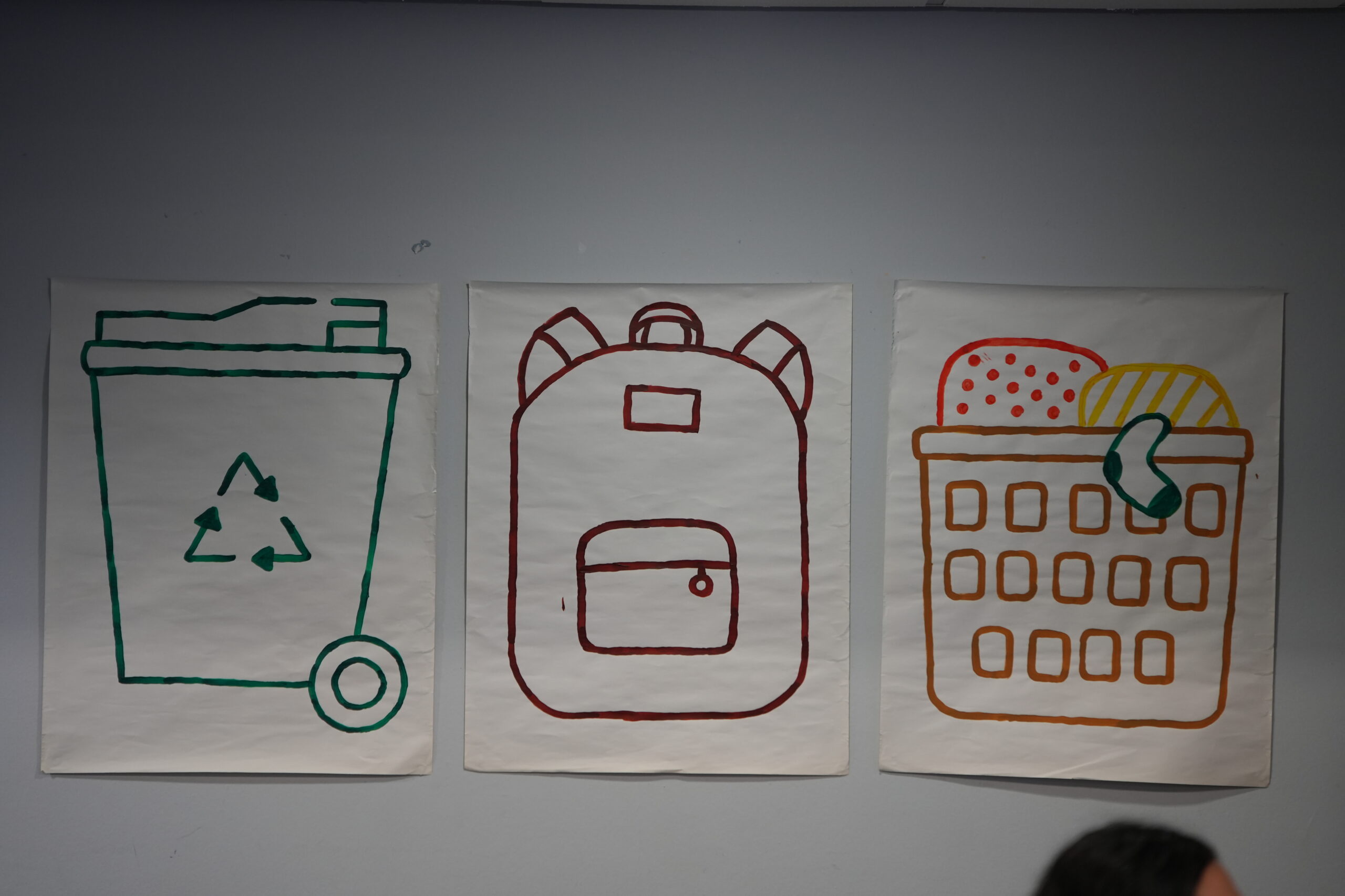 Three images hand drawn. A recycling bin, backpack and laundry basket.