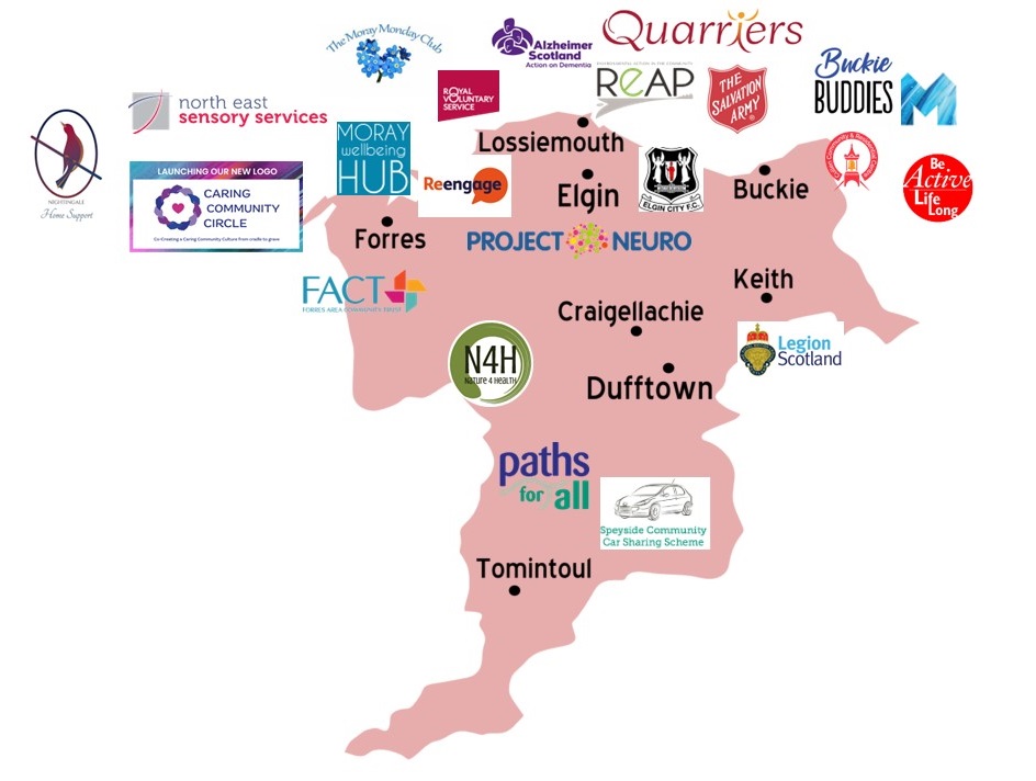 Map of Moray highlighting various organisations addressing loneliness