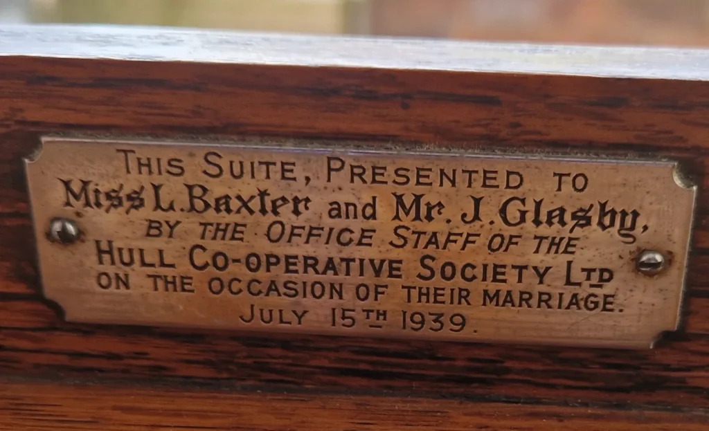 Photo of a plaque from the Hull Co-op Society, gifted to Jon's grandparents.