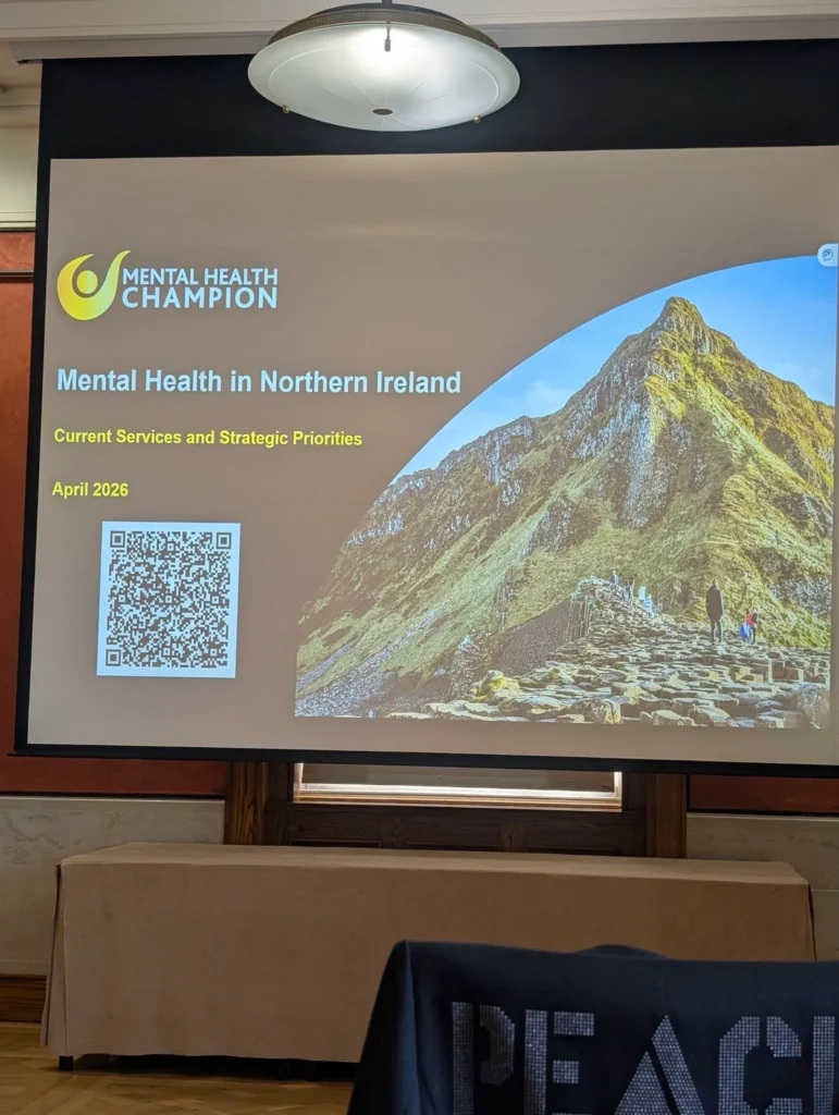 Presentation screen reads "Mental health champion, mental health in Northern Ireland, current services and strategic priorities, April 2026"